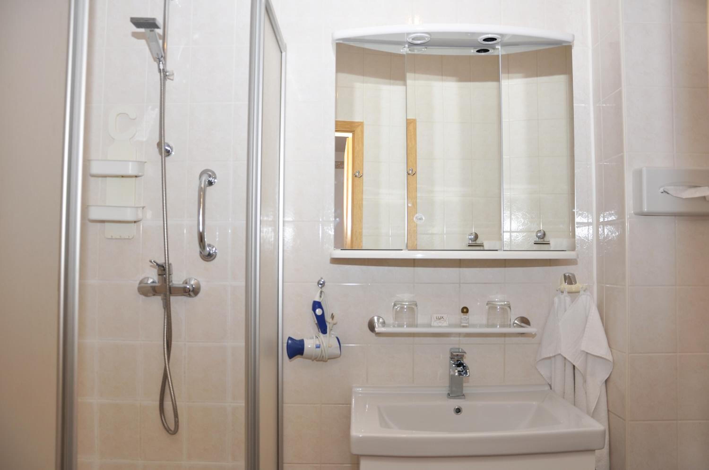 A bathroom with a glass-enclosed shower, a sink, a mirror, and a towel rack.