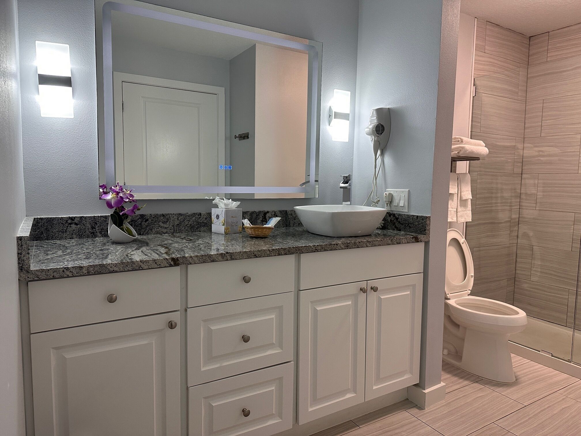 deluxe room, 1 king bed with sofa bed, non smoking, refrigerator & microwave (walk-in shower) | bathroom | combined shower/bathtub, hair dryer, towels