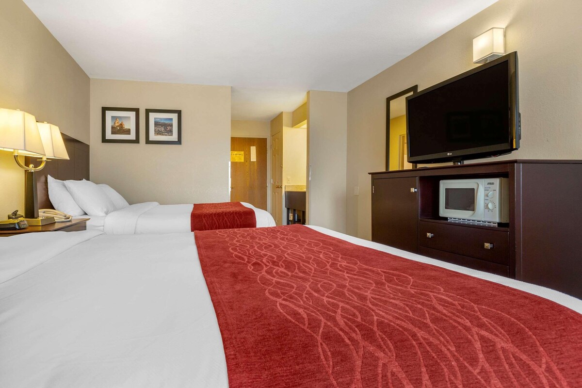 A hotel room with two beds, a TV, a microwave, and a lamp.