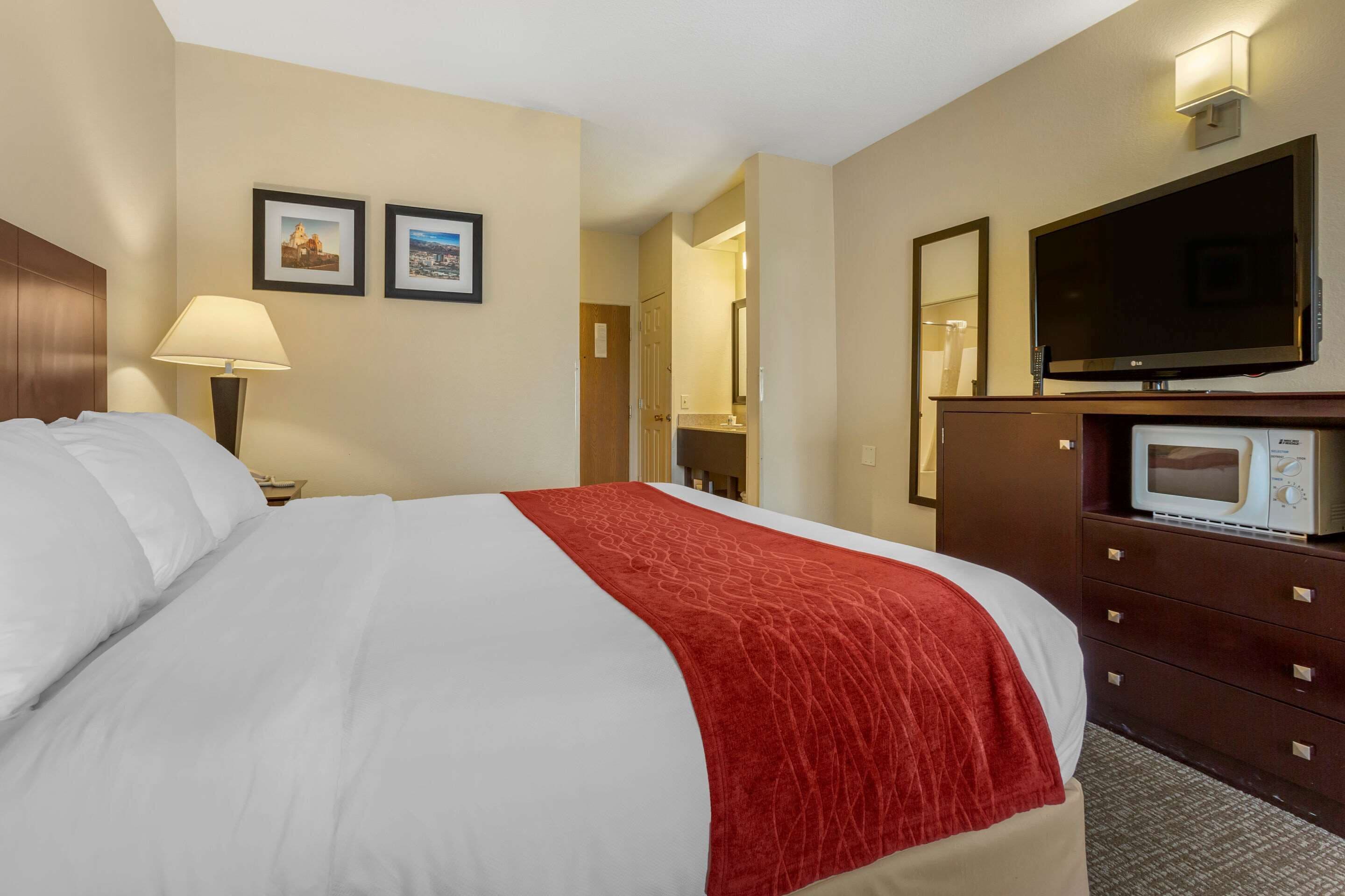 A hotel room with a bed, a TV, a microwave, and a dresser.