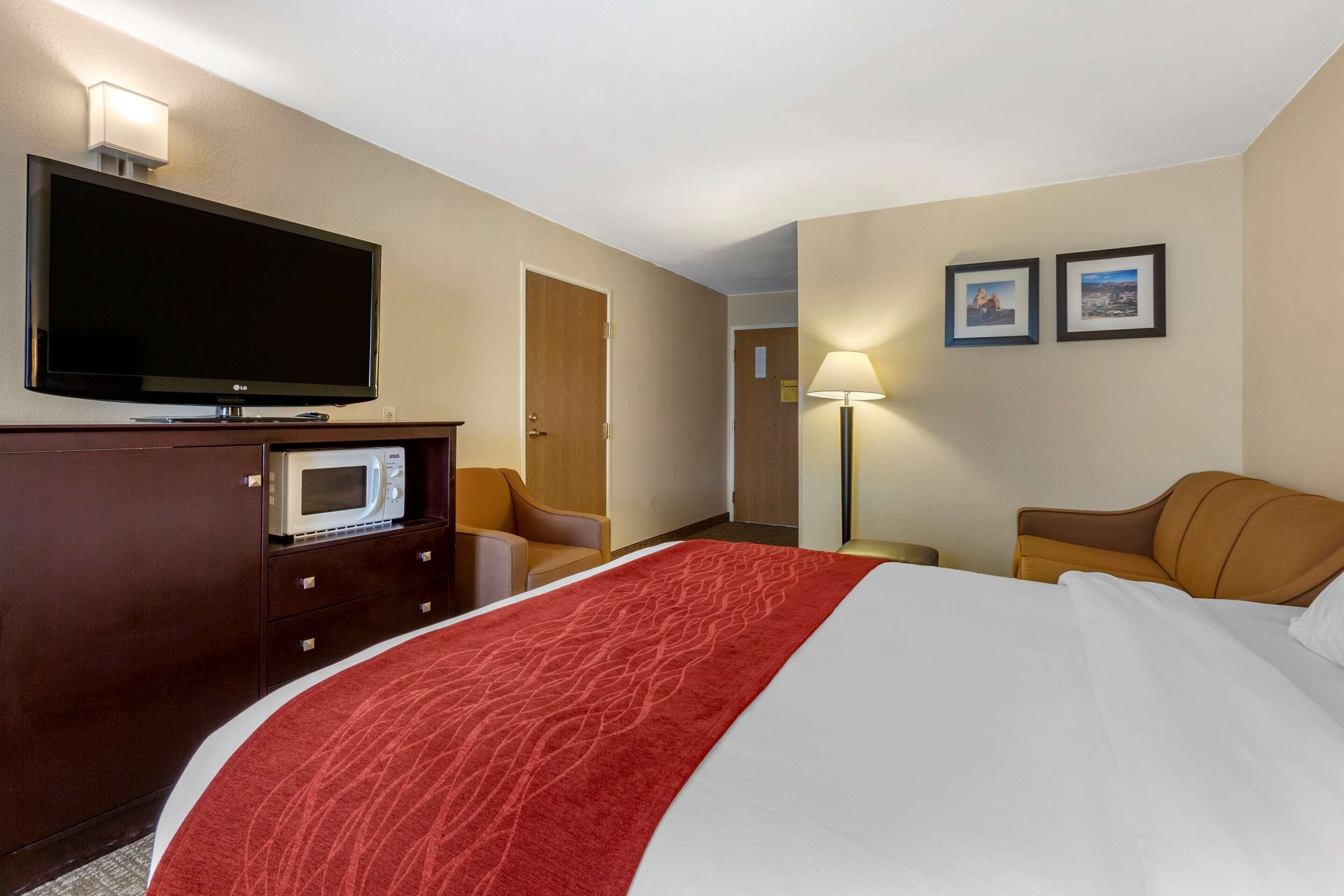 A hotel room with a bed, a TV, a microwave, a desk, a chair, and two framed pictures on the wall.