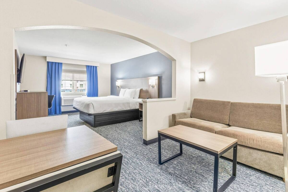 A hotel room with a bed, a sofa, a desk, and a TV.