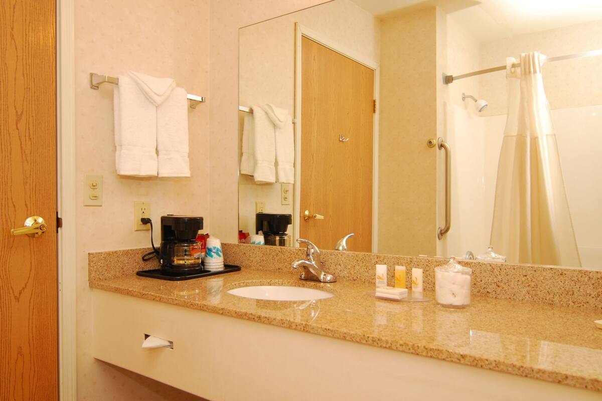 A hotel bathroom with a sink, mirror, towel rack, shower curtain, and a coffee maker on the counter.