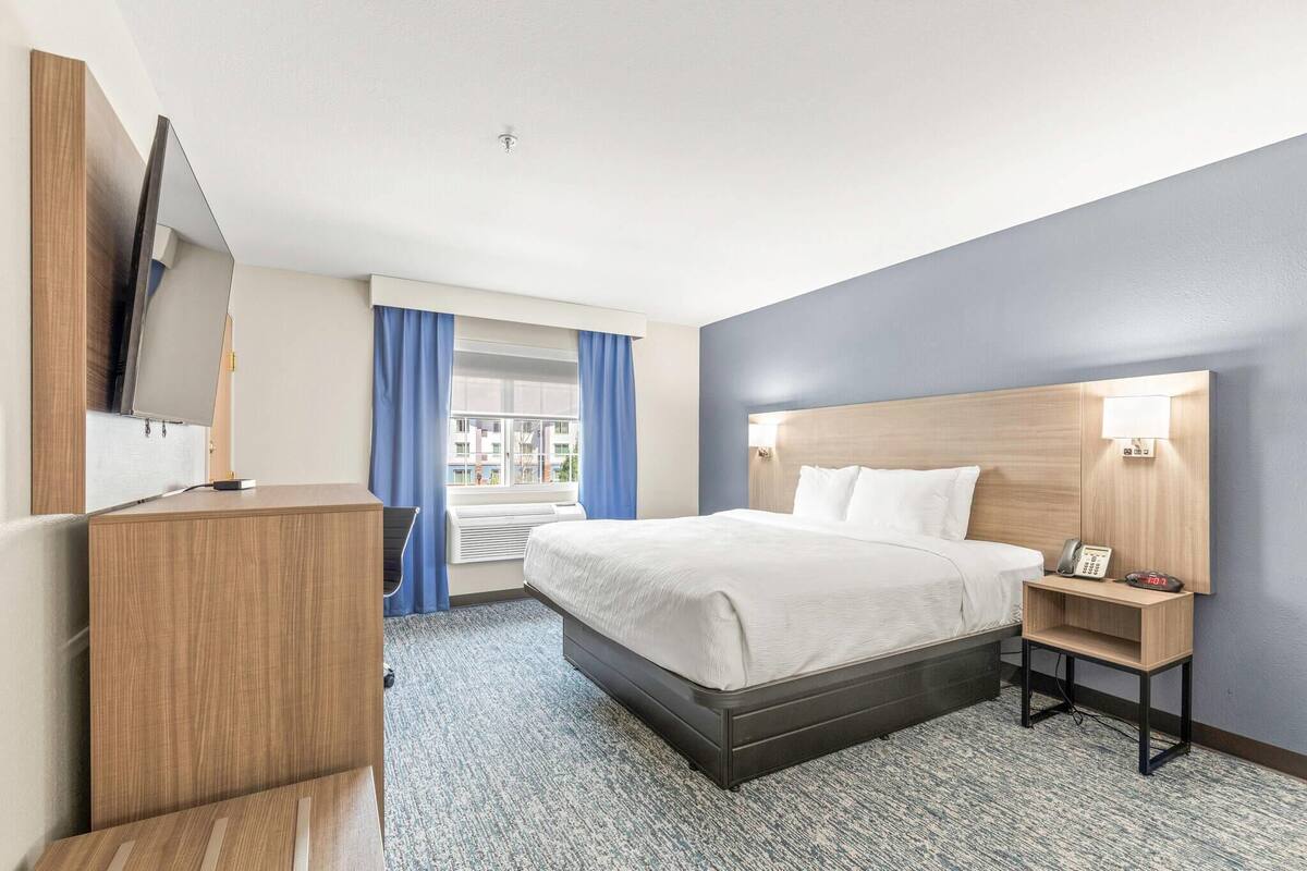 A hotel room with a bed, a TV, a desk, and a window with curtains.