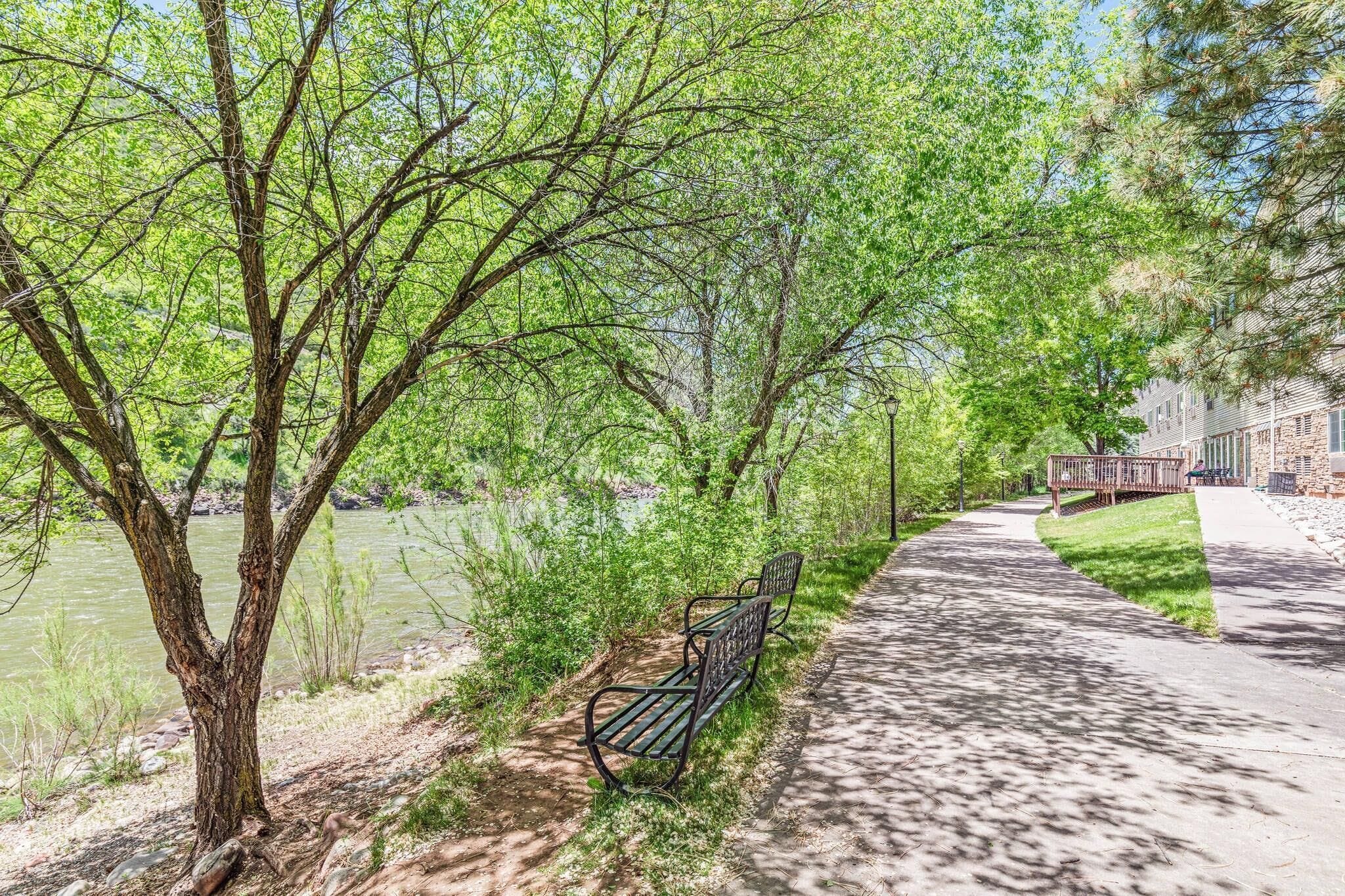 A park bench by a river with a walking path and a building in the background.