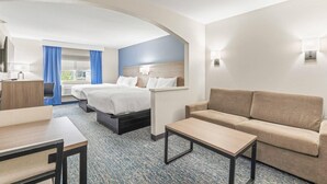 Una habitación de hotel con una cama, un sofá, un escritorio y una mesita.