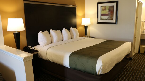 A hotel room with a large bed, two bedside lamps, a telephone, and a framed artwork on the wall. - Highland Inn (Gonzales)