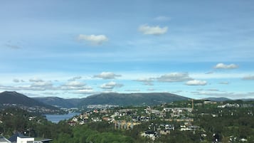 Una vista panoramica di una città con un lago, circondata da montagne e vegetazione.