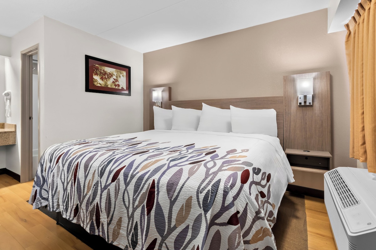 Ein Hotelzimmer mit einem großen Bett, einem Nachttisch, einer Wand-Klimaanlage und einem gerahmten Bild an der Wand.