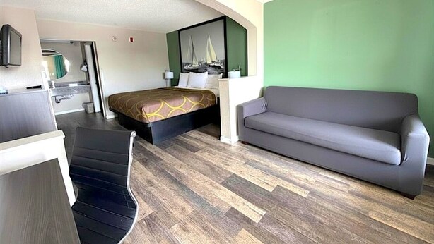 Una habitación de hotel con una cama, un sofá, un escritorio y una televisión.