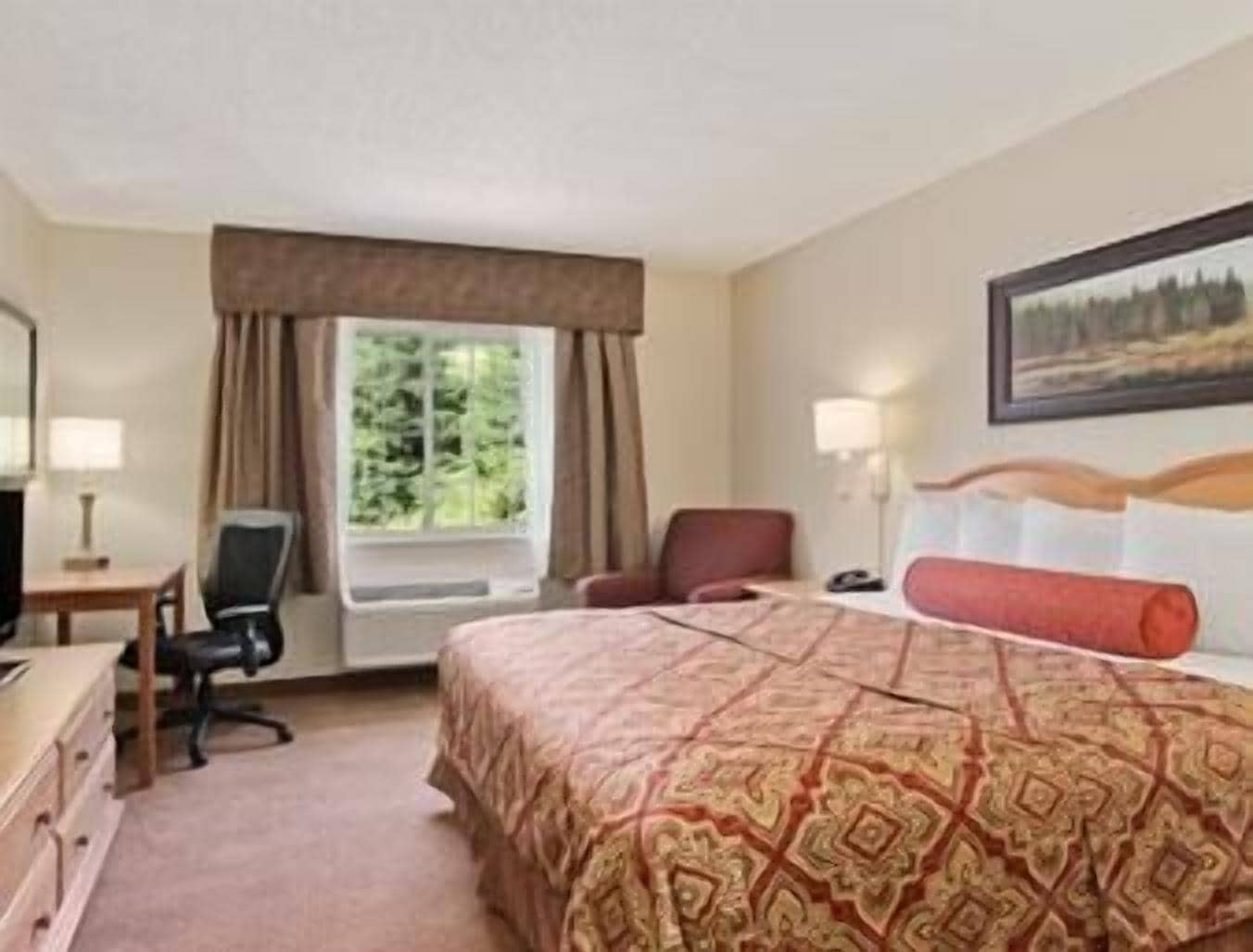 Une chambre d’hôtel avec un lit, un bureau, une chaise, une fenêtre donnant sur des arbres et un tableau au mur.
