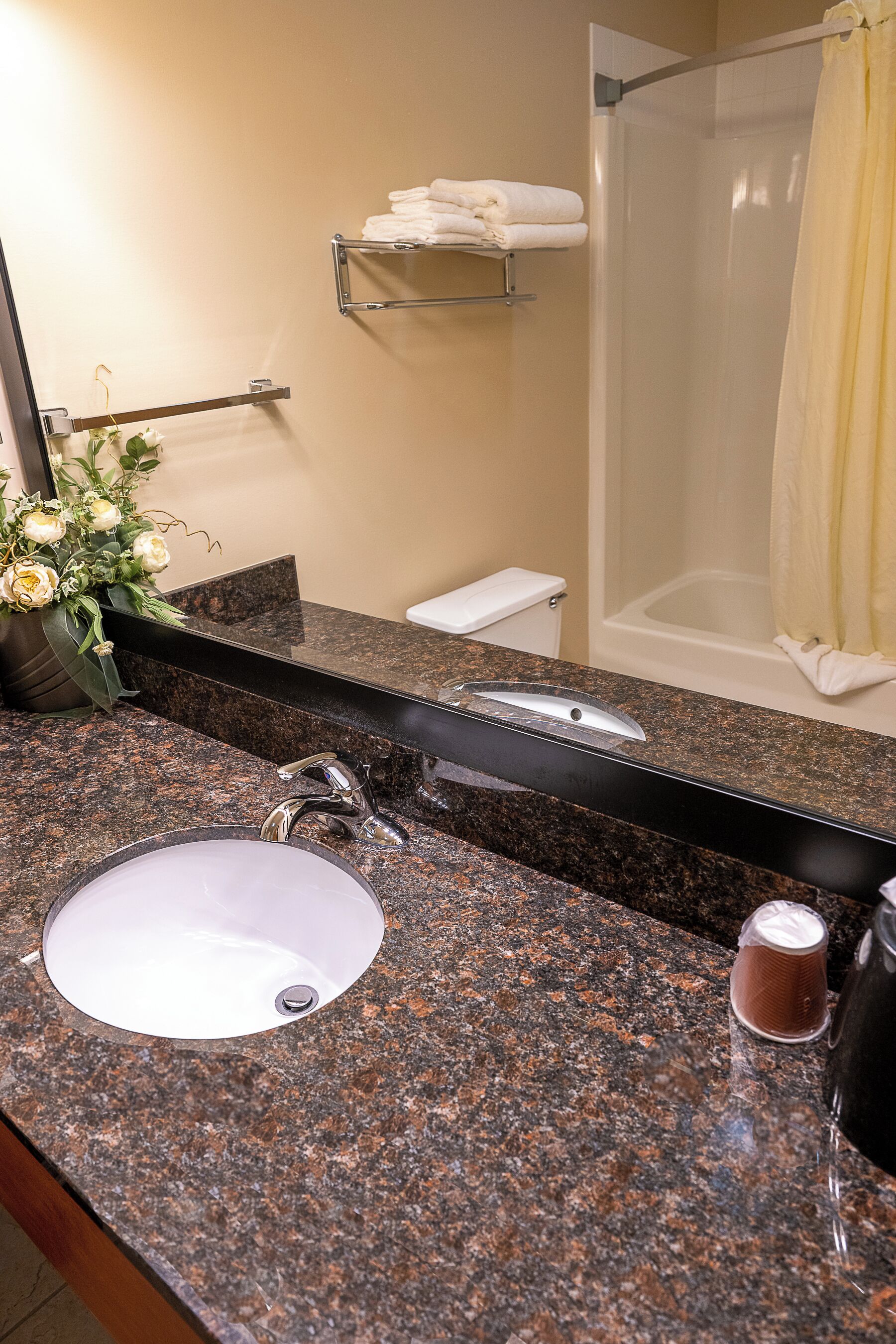 Baño con encimera de granito, lavamanos, espejo, toallero, ducha e inodoro.