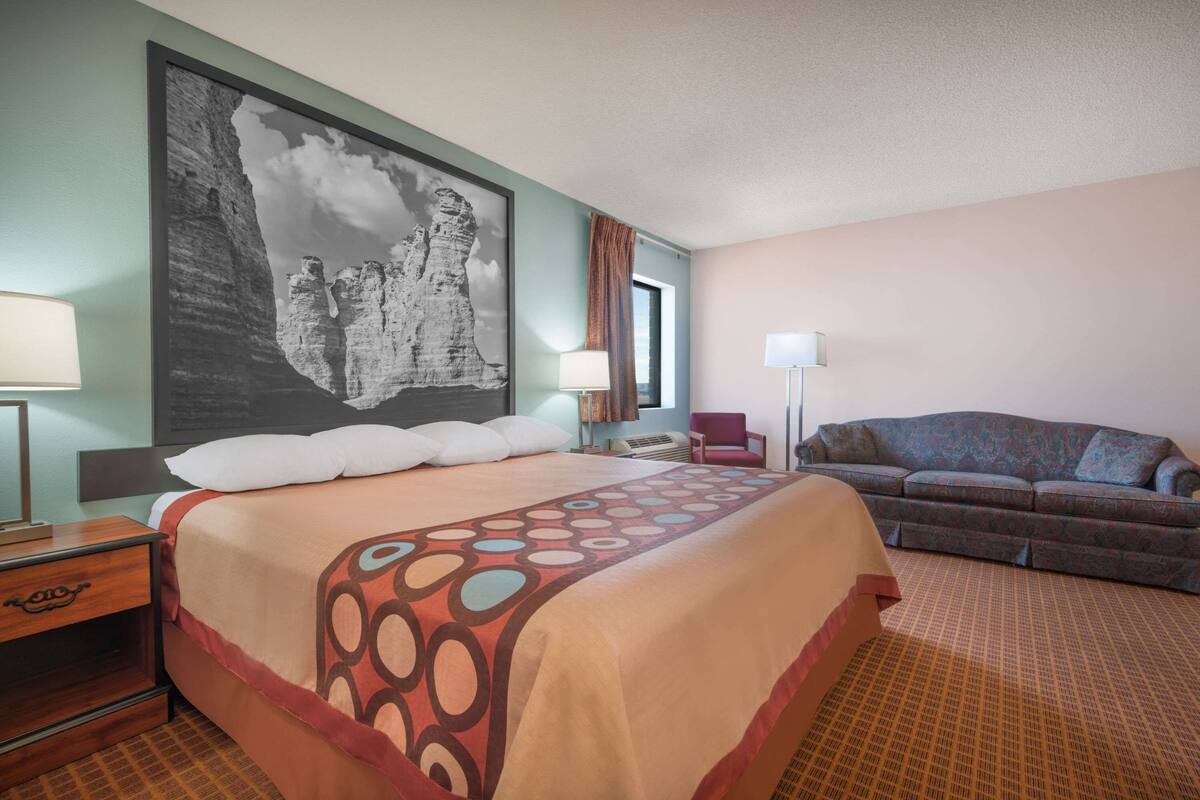 Habitación de hotel con una cama grande, un sofá, un escritorio y un cuadro grande en la pared.