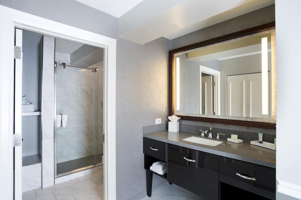 shower, designer toiletries, hair dryer, bathrobes