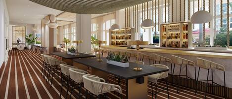 A modern bar area with striped flooring, bar stools, and a well-lit bar counter with a variety of bottles.