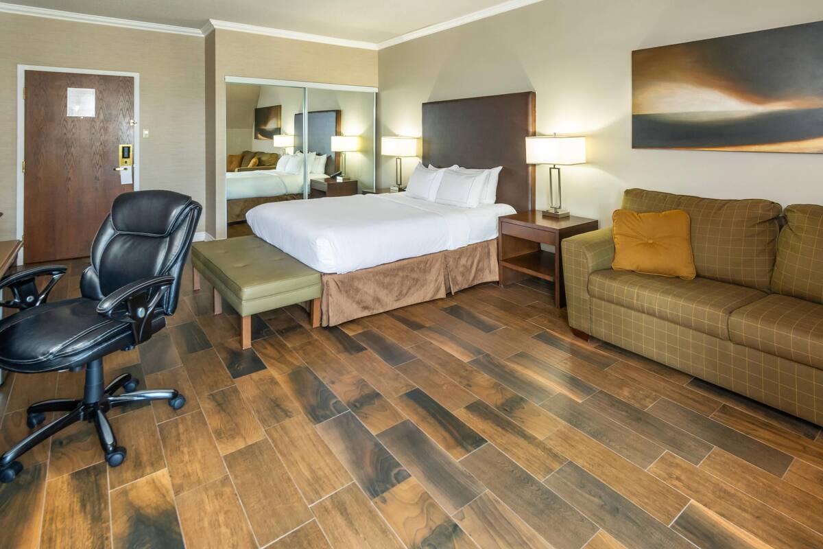 Une chambre d’hôtel comprenant un lit, un bureau, une chaise, un canapé et un miroir.