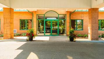 A building entrance with a green door, brick walls, and potted plants.