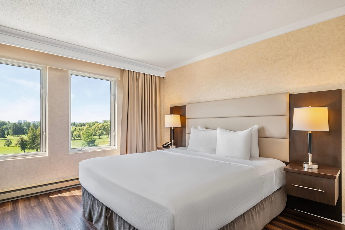 Habitación de hotel con una cama grande, dos mesitas de noche con lámparas, vista a un parque y un paisaje urbano.