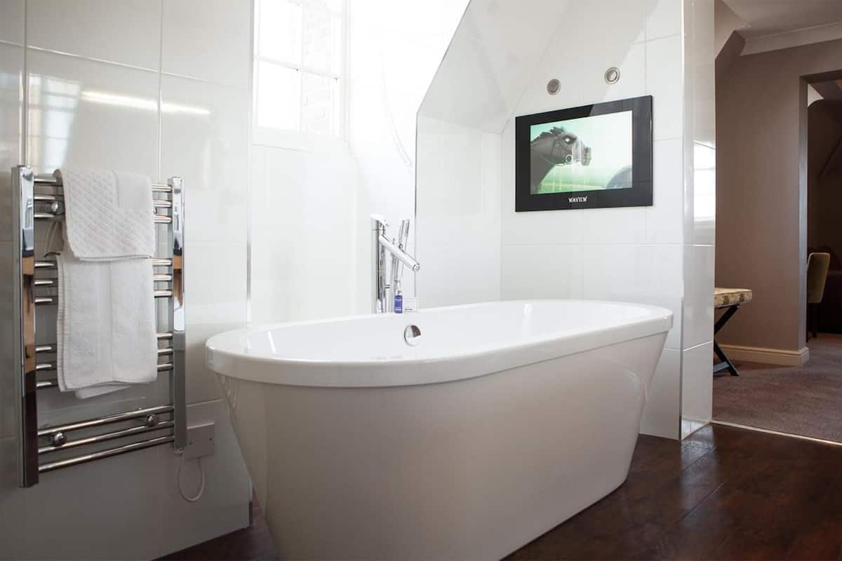 combined shower/bathtub, hair dryer, towels