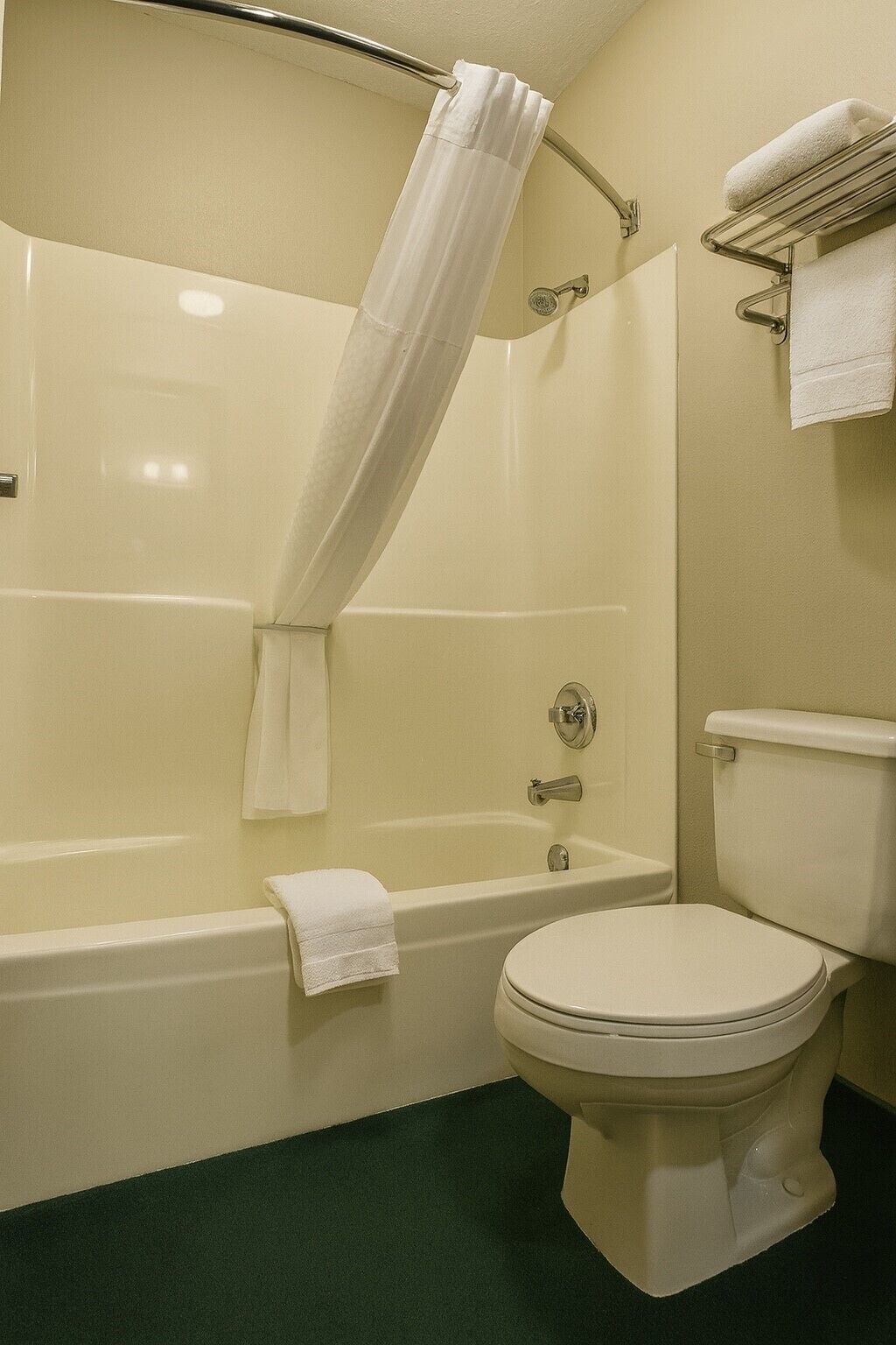 A bathroom with a bathtub, toilet, and a shower curtain.