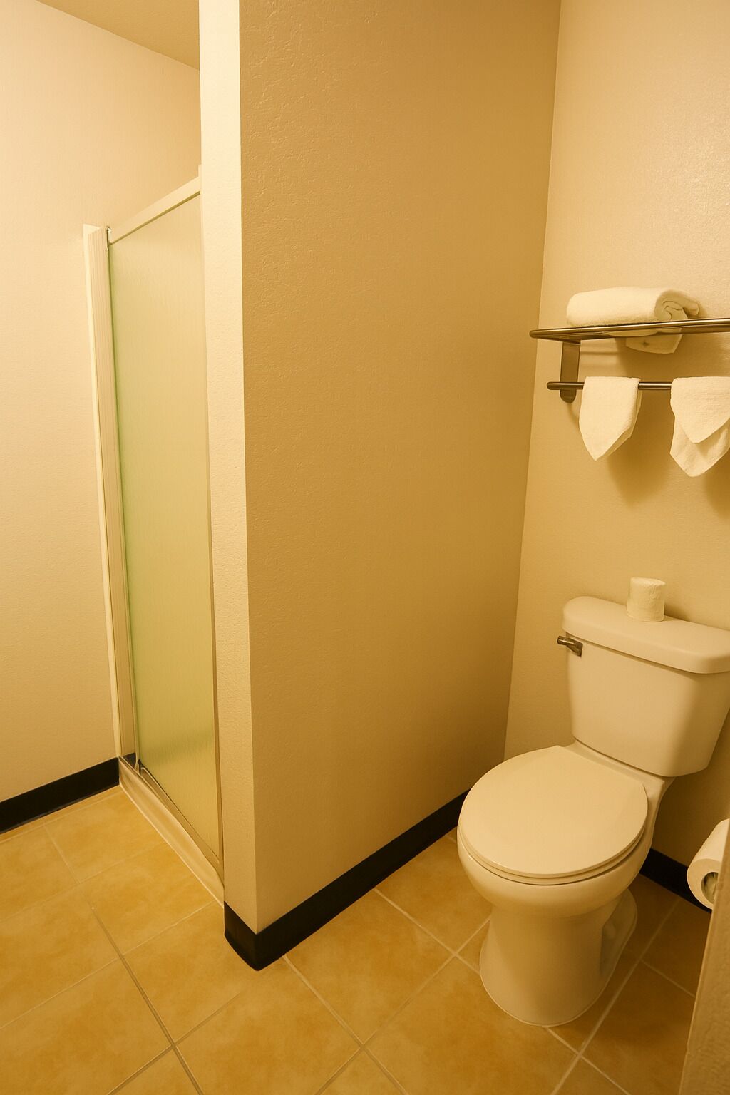 Un baño con inodoro, toallero y toallas, y una puerta de vidrio para la ducha.