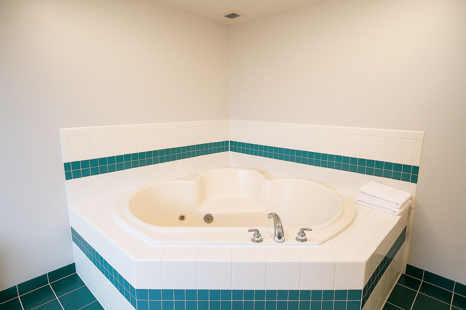 Un baño en esquina con una bañera independiente, azulejos blancos con bordes verde azulados y suelo de baldosas verdes.