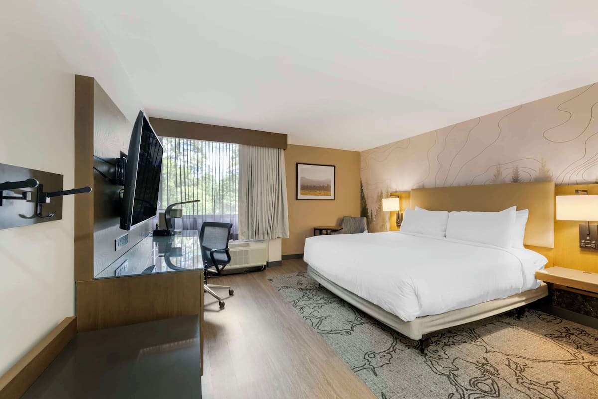 Habitación de hotel con una cama grande, un escritorio con una computadora, un televisor y una ventana con cortinas.