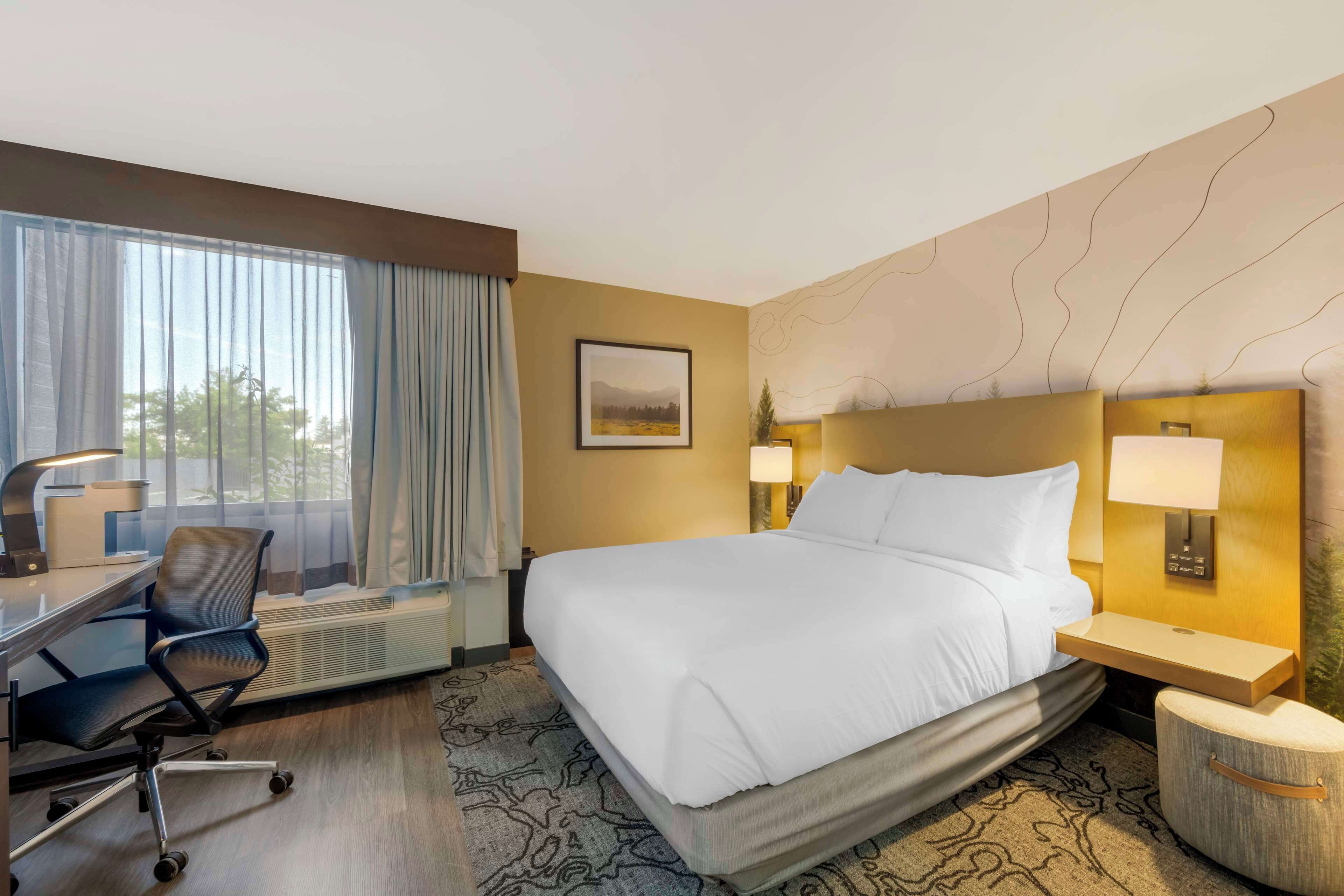 A hotel room with a large bed, a desk with a chair, a standing lamp, and a picture on the wall.