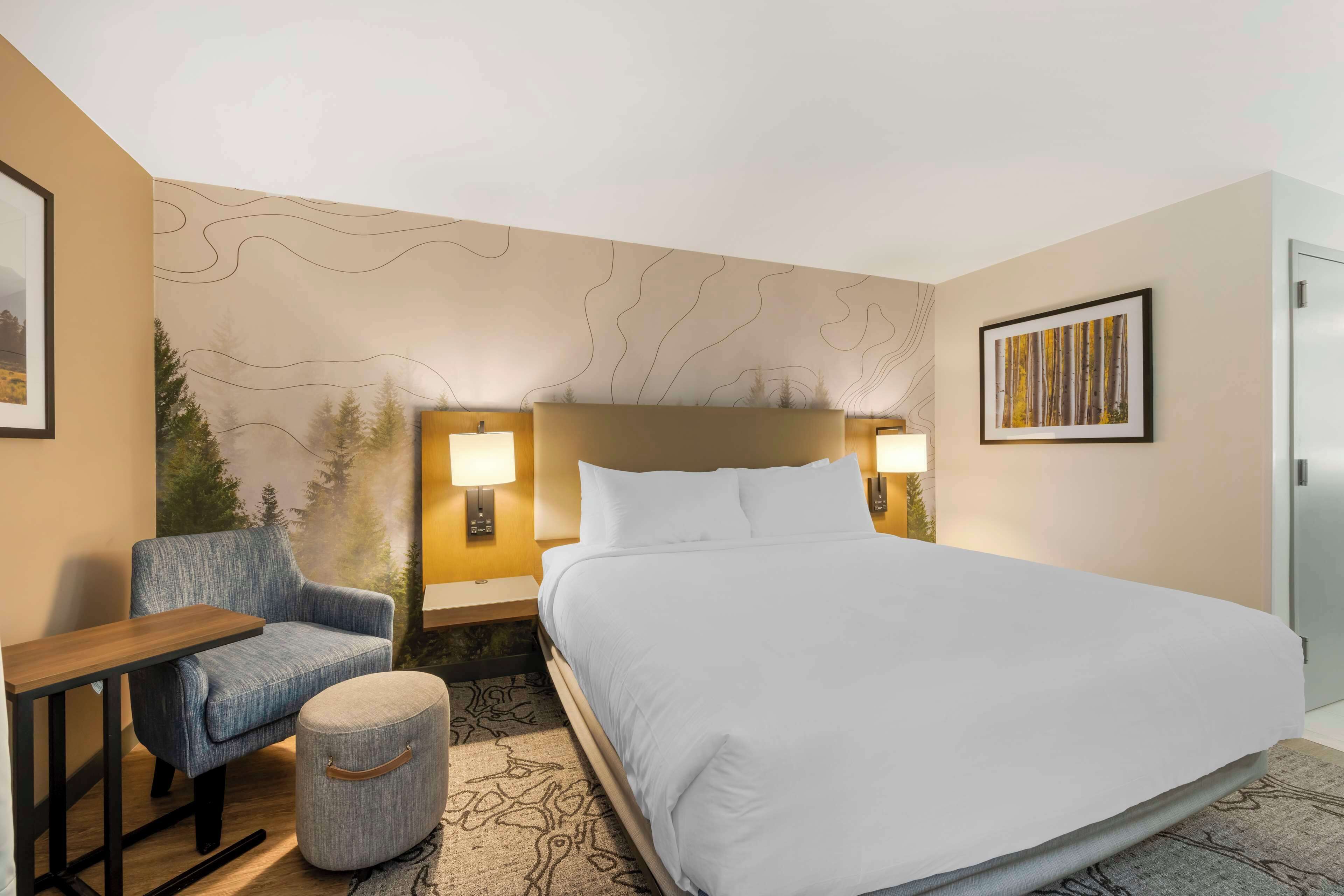 A hotel room with a large bed, a chair, a small ottoman, and a nightstand with lamps.