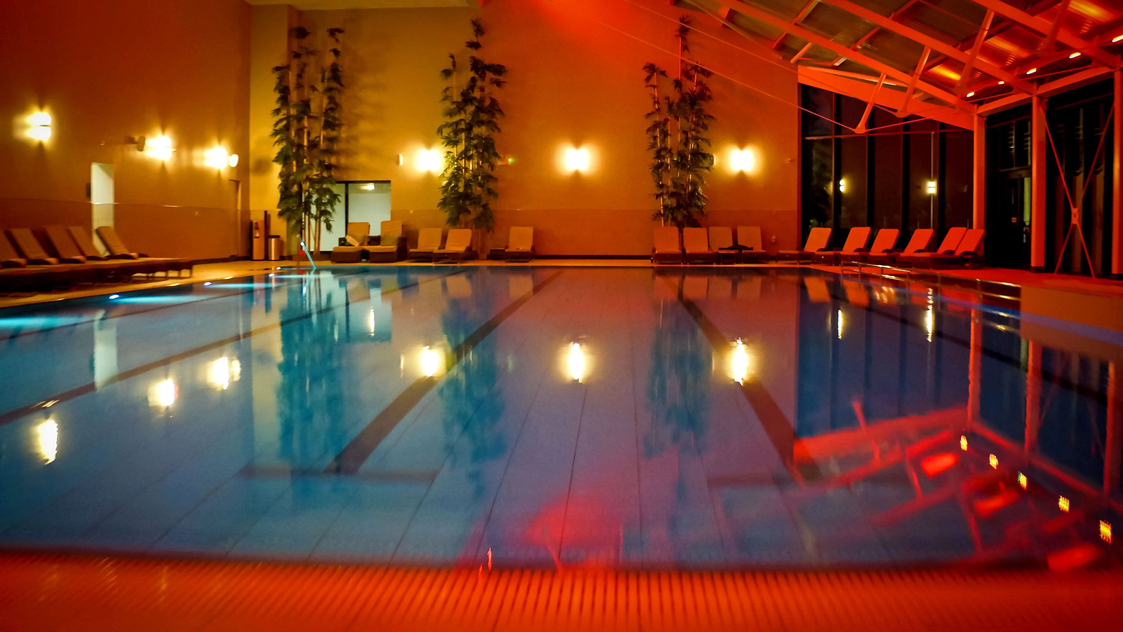 Una piscina interior con agua cristalina, rodeada de tumbonas y plantas en macetas.