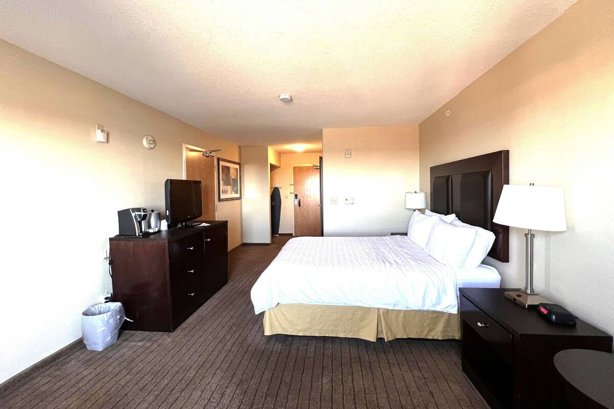 A hotel room with a bed, a desk, a chair, a lamp, a trash bin, and a television.