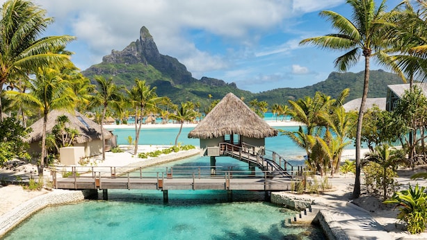Un complexe hôtelier tropical doté d’une structure à toit de chaume, d’un pont en bois et d’eaux turquoise cristallines.