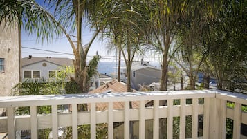 A balcony with a white railing overlooking a residential area with houses and palm trees.