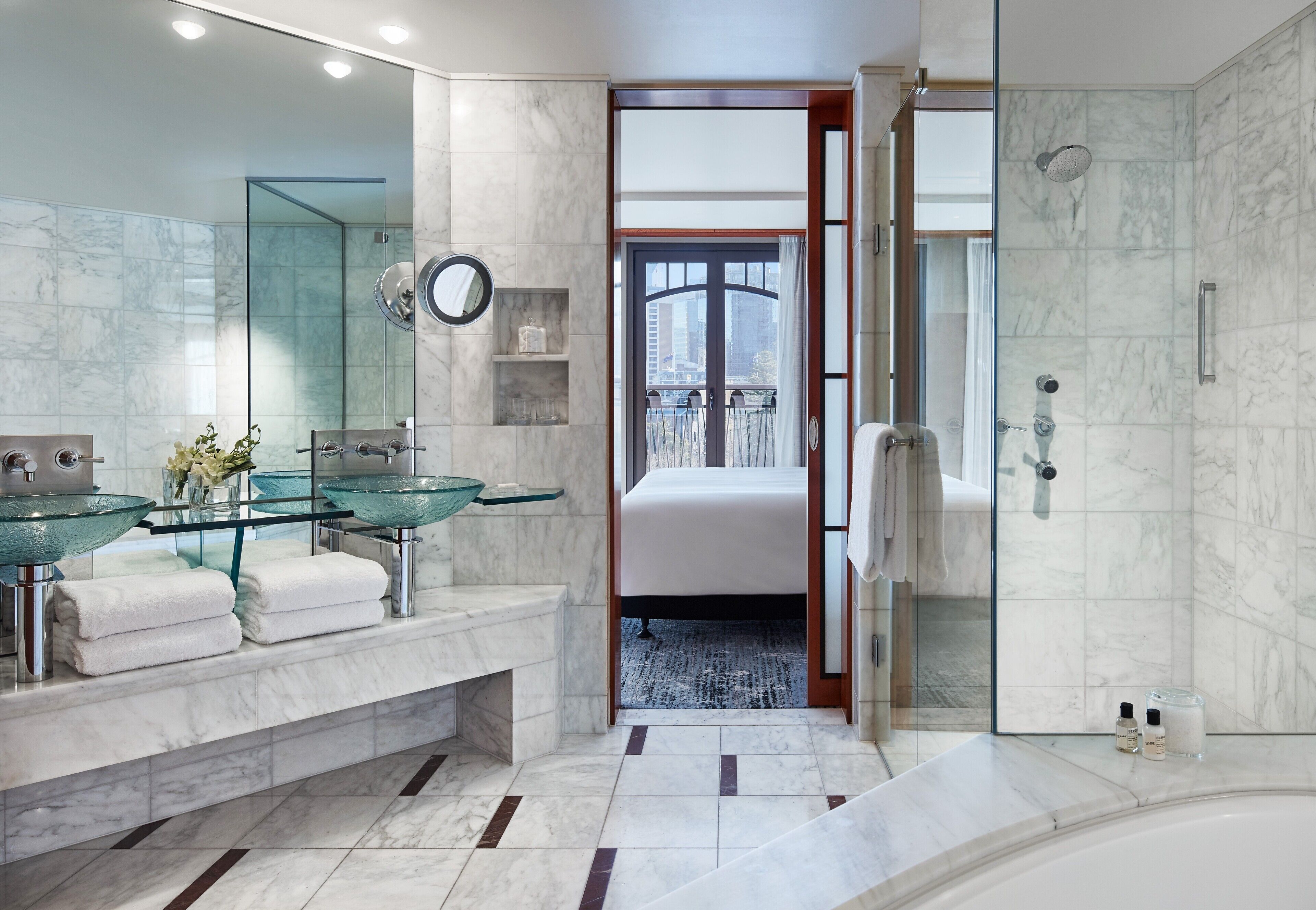 separate bathtub and shower, deep-soaking bathtub, rainfall showerhead