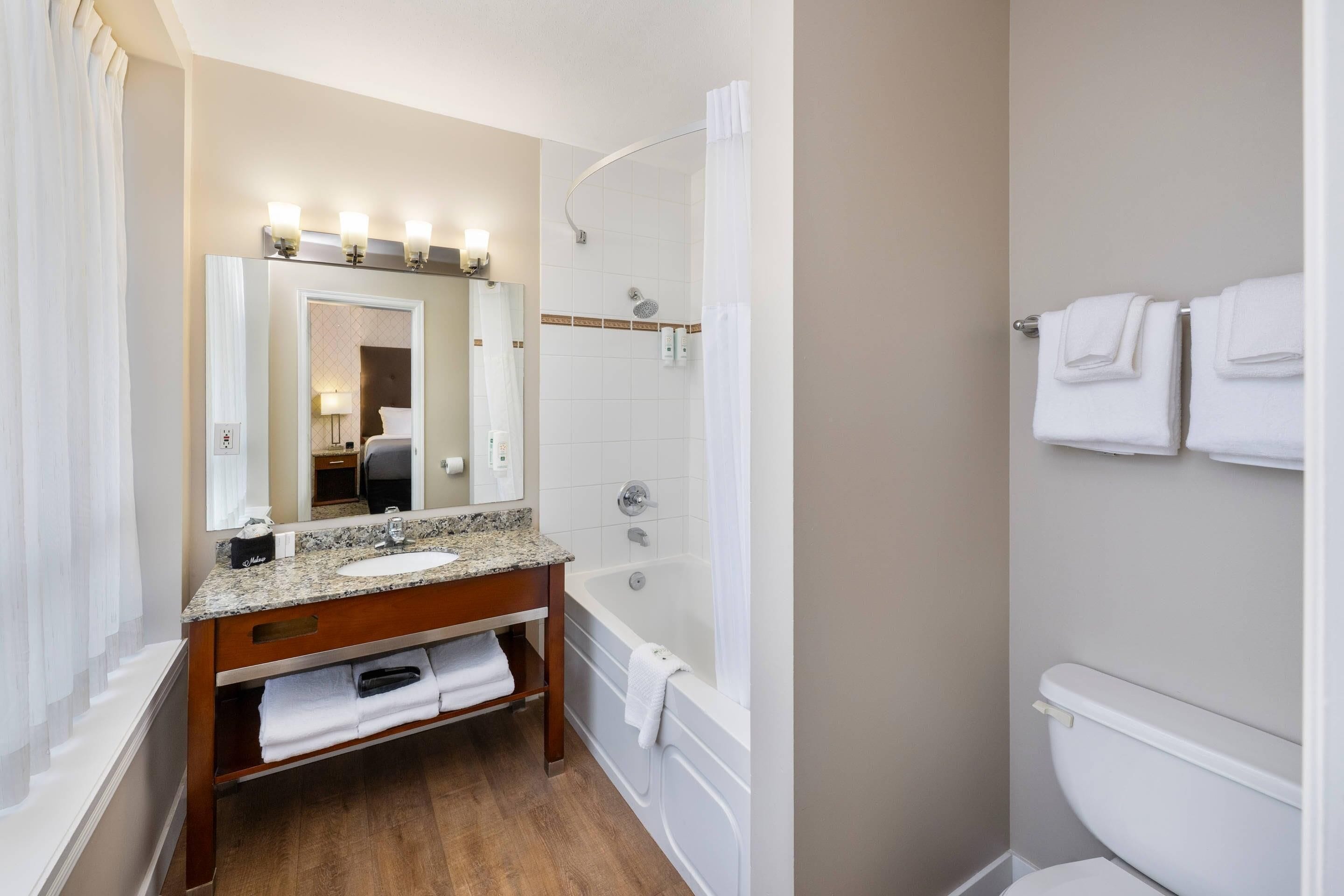 A bathroom with a sink, mirror, vanity, shower, and toilet.