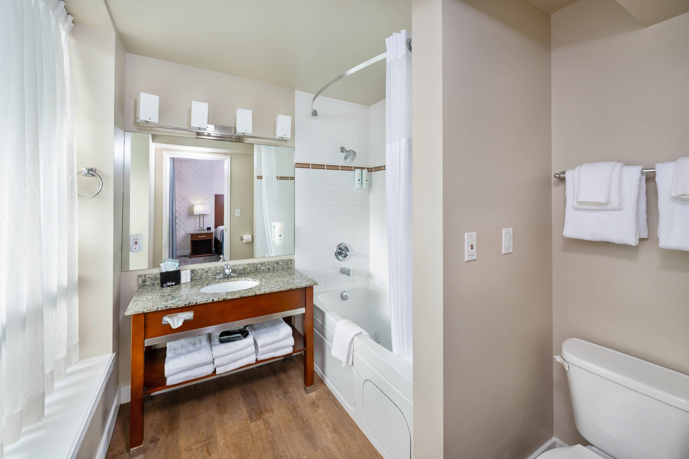 A bathroom with a sink, mirror, vanity, shower, and toilet.