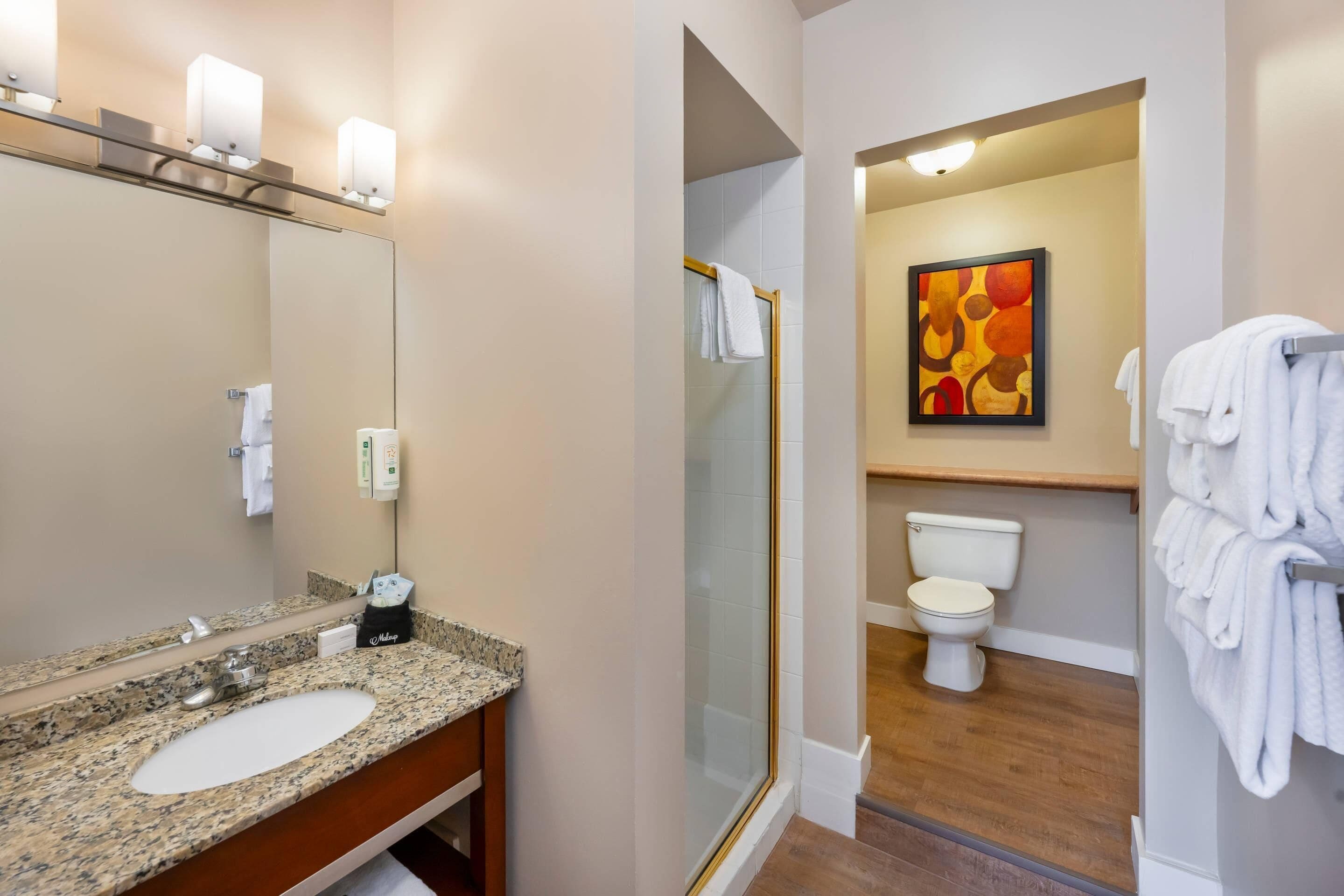 A bathroom with a granite countertop sink, a mirror, a glass shower enclosure, a toilet, and a towel rack.
