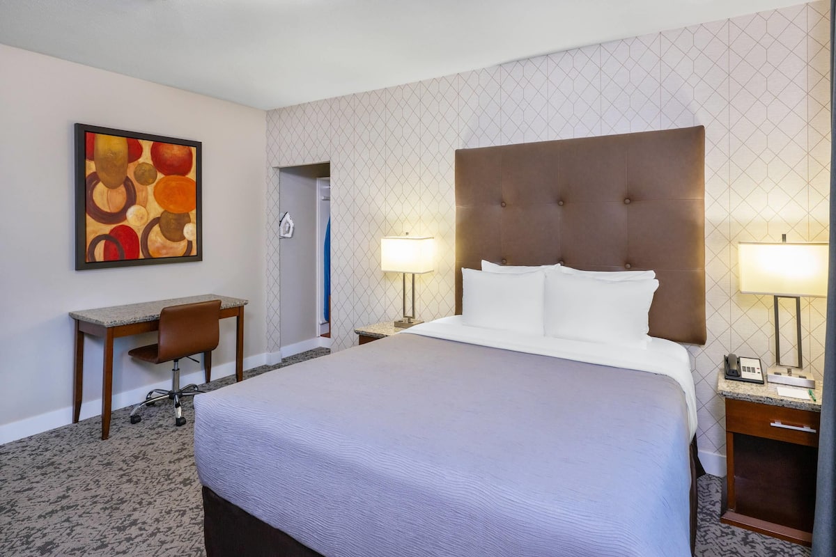 Habitación de hotel con una cama grande, dos mesitas de noche con lámparas, un escritorio con una silla y un cuadro en la pared.