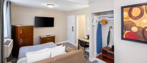 Una habitación de hotel con cama, escritorio, televisión, armario y un cuadro en la pared.