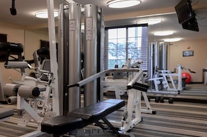 A gym with various exercise machines, a bench, and a large window with a view of trees.