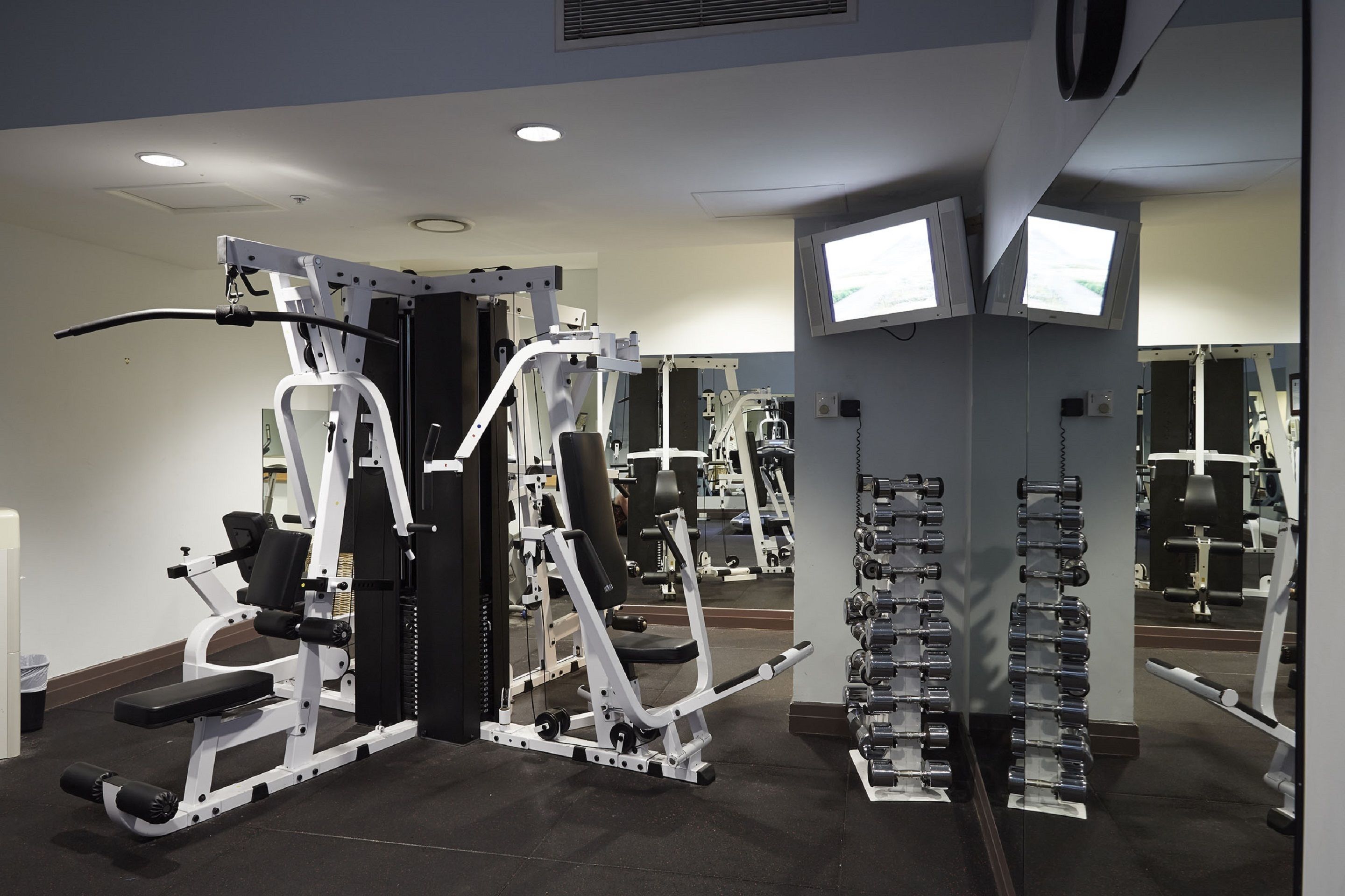 A gym with various exercise machines, mirrors, and dumbbells.