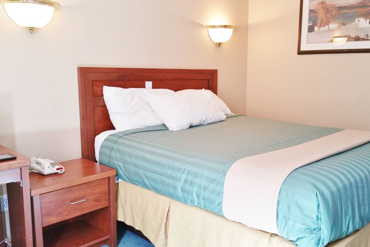 Une chambre d’hôtel avec un lit, une table de chevet, un téléphone et un tableau au mur.