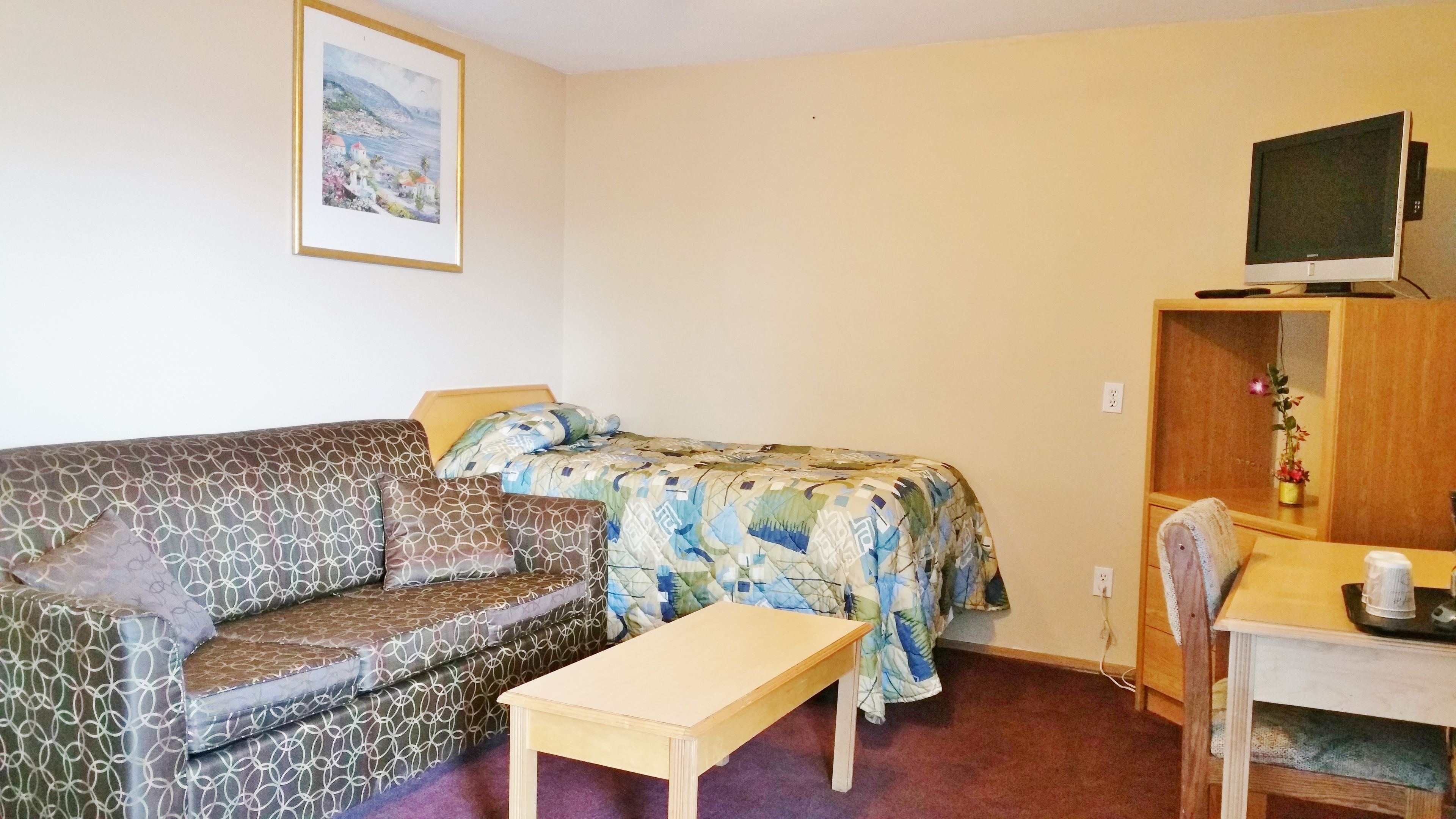 A small, cozy room with a patterned sofa, a single bed, a wooden table, and a television on a wooden stand.