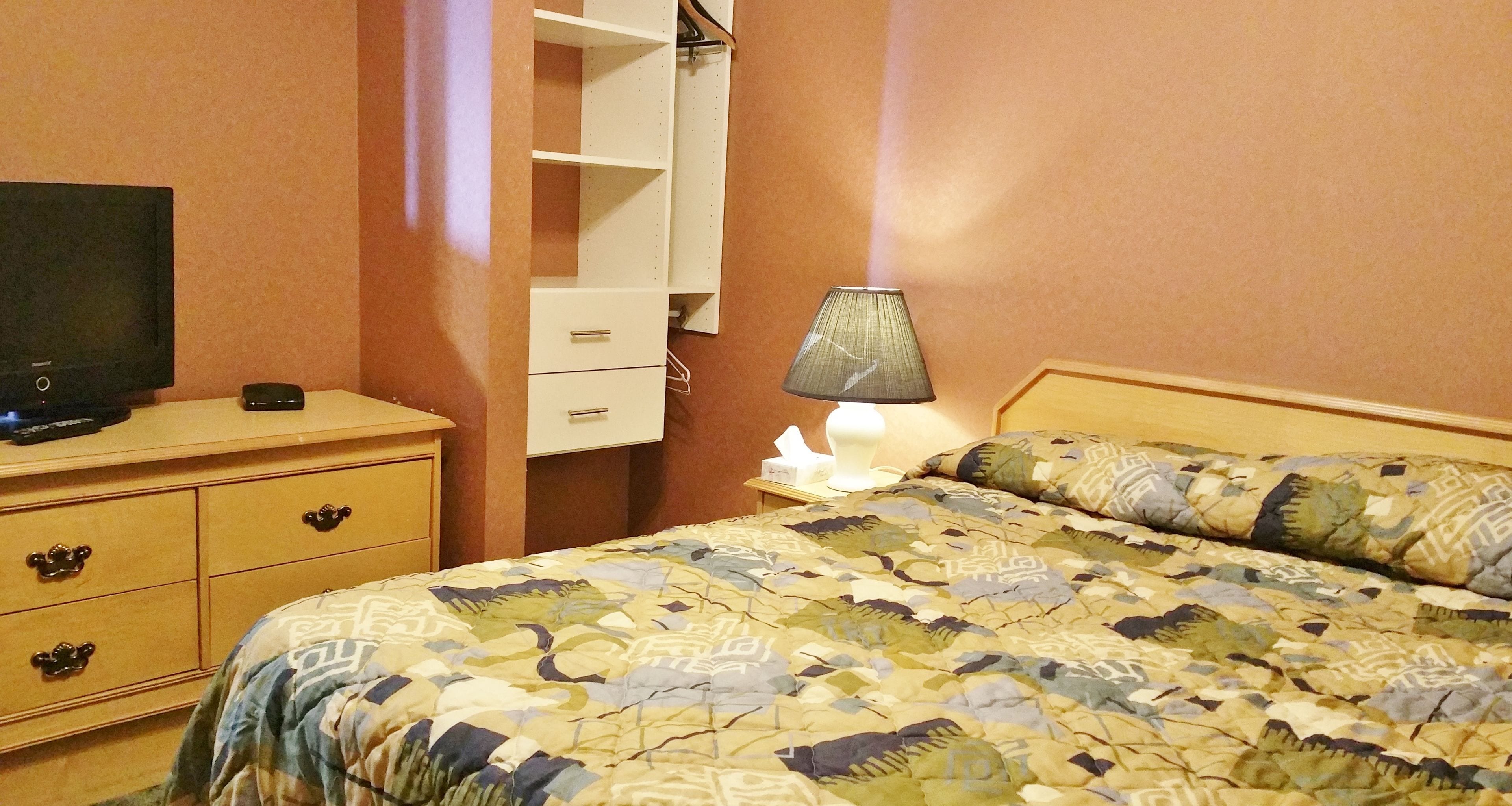 Ein Schlafzimmer mit einem Bett, einem Fernseher, einer Lampe und einem Kleiderschrank.