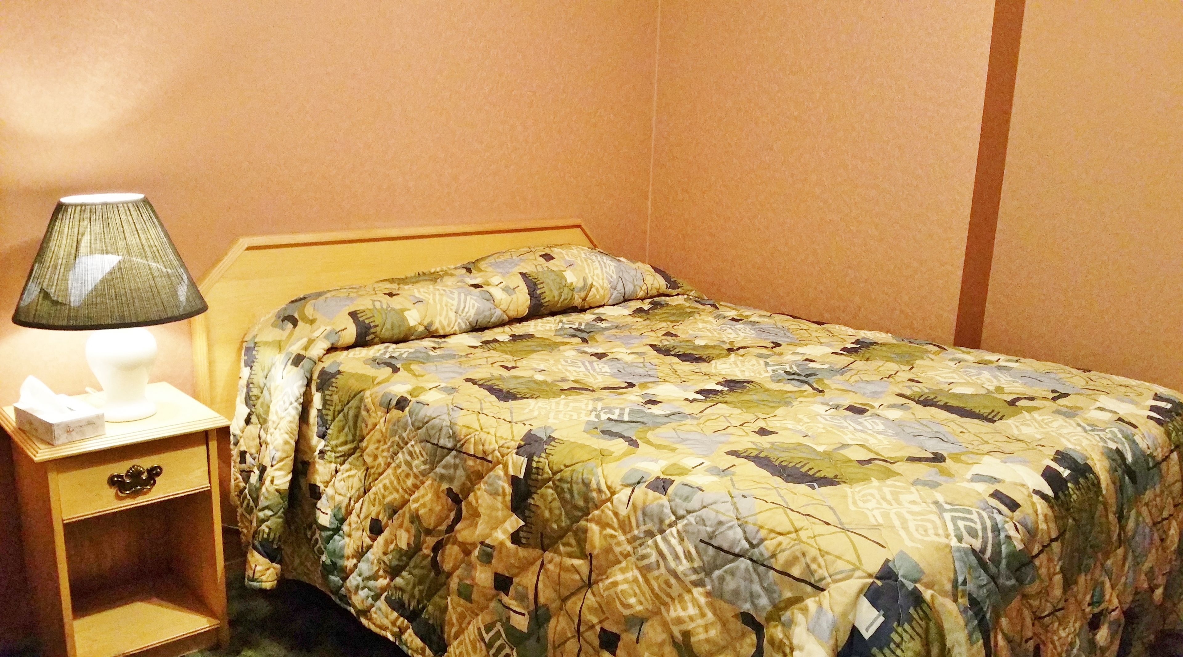 A neatly made bed with a patterned quilt, a bedside lamp, and a small wooden nightstand with a tissue box.