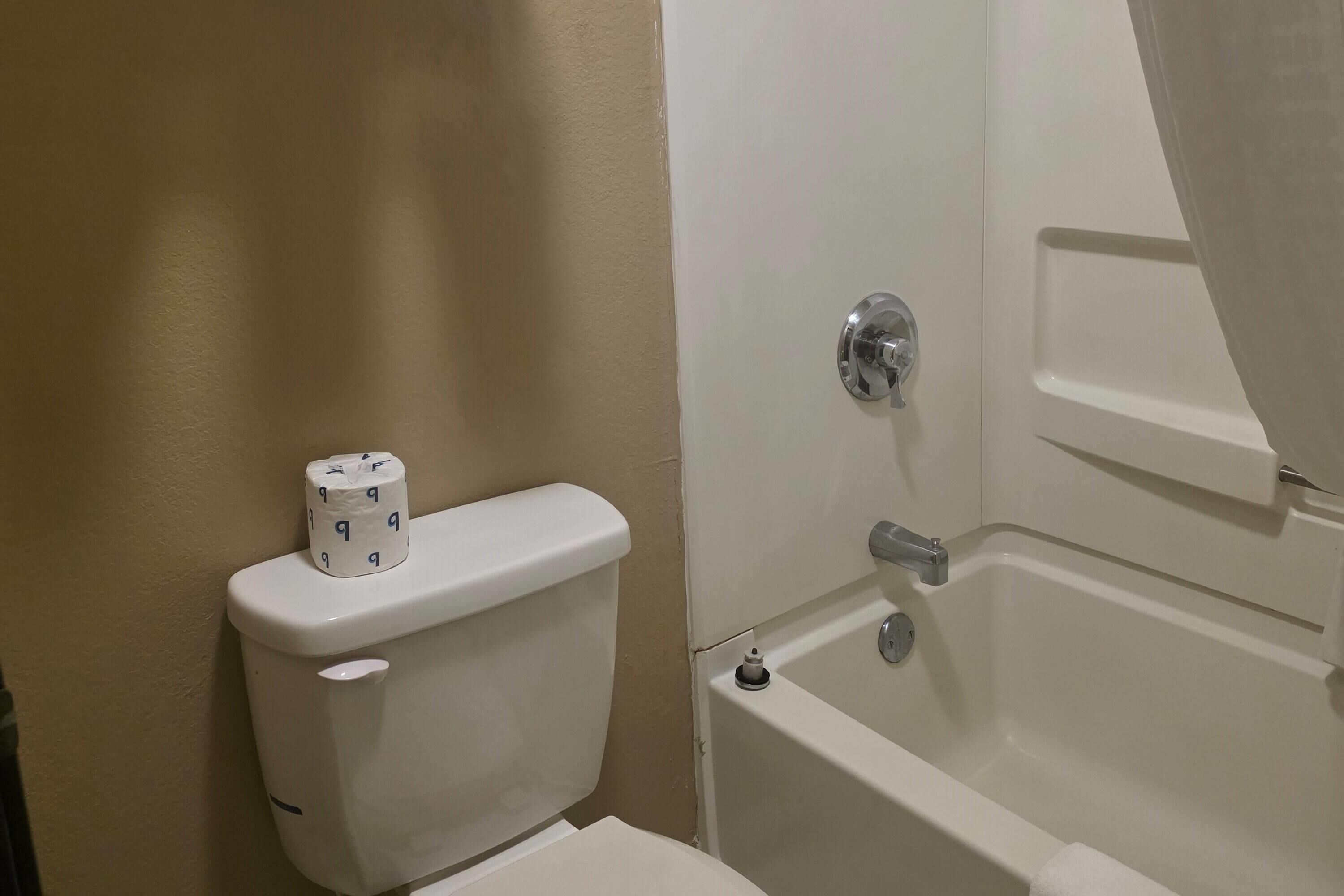 A bathroom with a toilet, a bathtub, and a toilet paper holder.