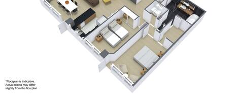 A 3D floor plan of a hotel room with a living area, a separate bedroom, a bathroom, and a kitchenette.