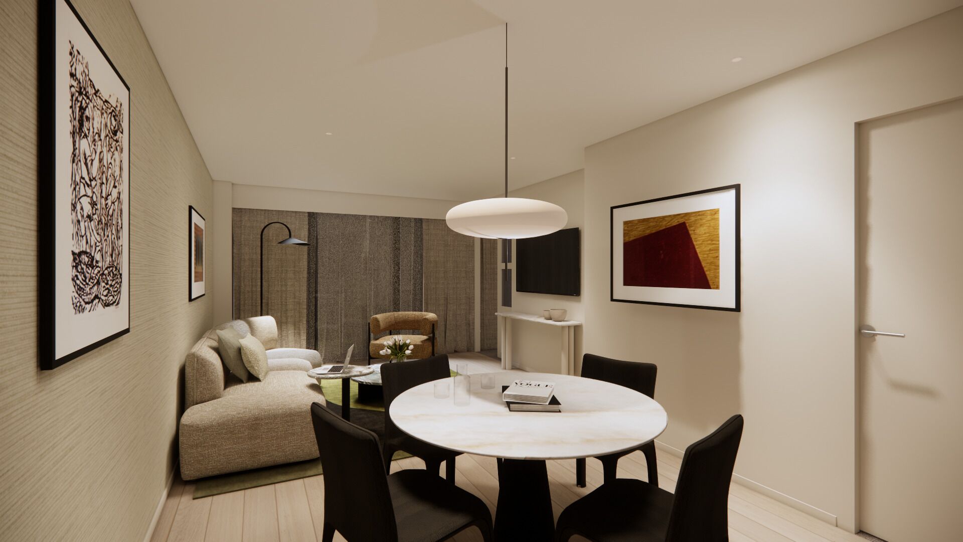 A modern living room with a sofa, a round dining table with chairs, a floor lamp, and artwork on the walls.