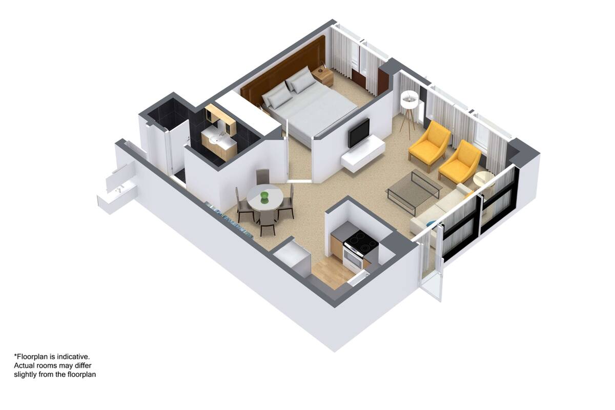 A 3D floor plan of a hotel room with a bed, a sitting area with a sofa and chairs, a small kitchen, and a bathroom.