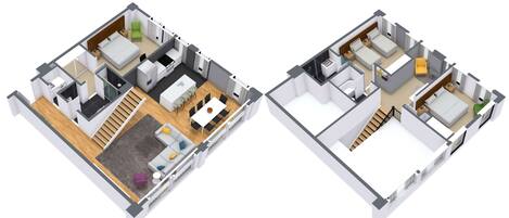 A 3D floor plan of a hotel with a living area and a mezzanine. The living area includes a sofa, a dining table, and a kitchen. The mezzanine has two bedrooms and a bathroom.